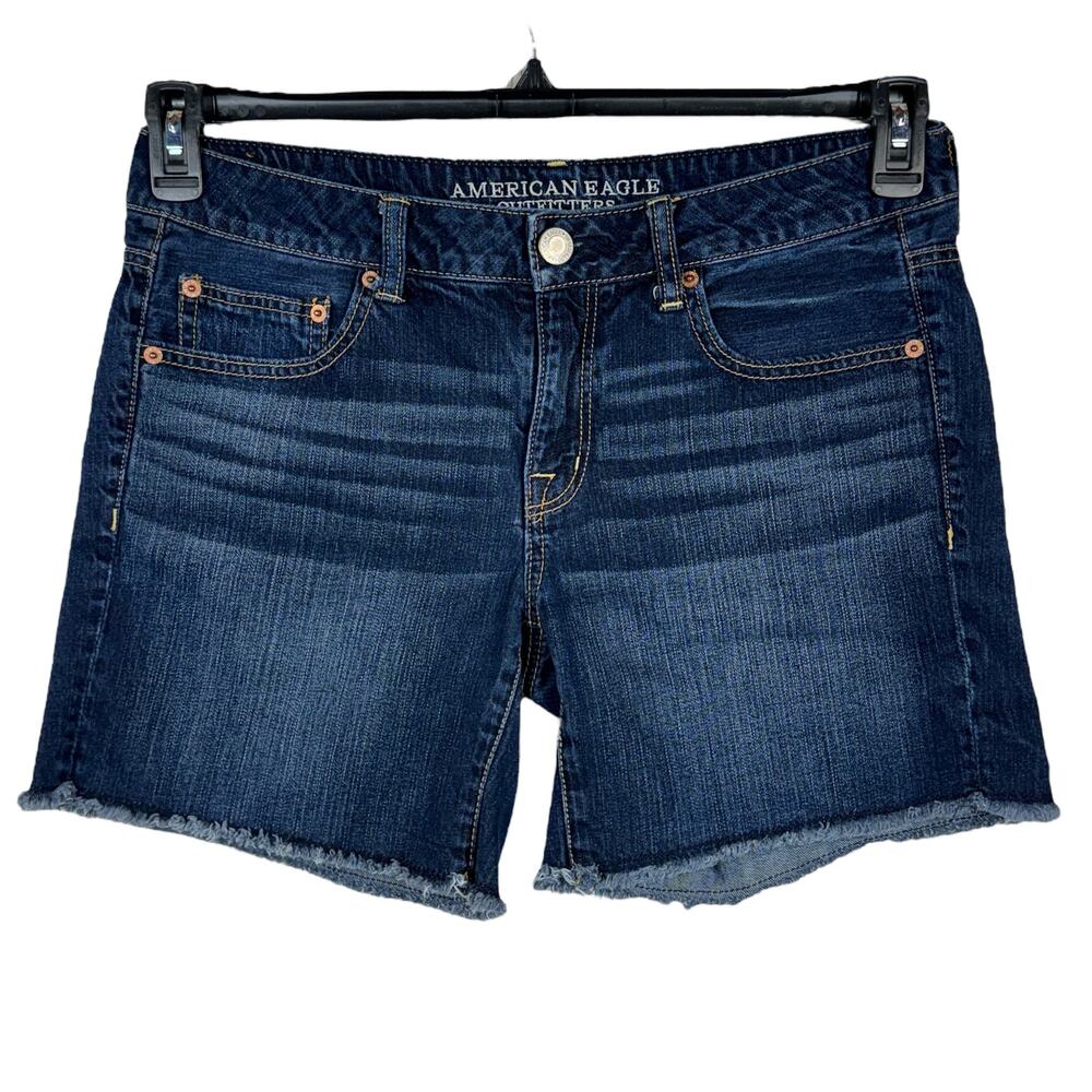 American Eagle SZ 8 Jean Shorts Mid-Rise Zip-Fly Pockets Frayed Hems Whiskered